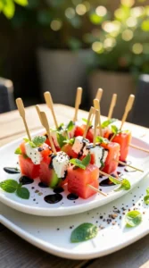 Watermelon Feta Skewers with Mint & Balsamic Glaze