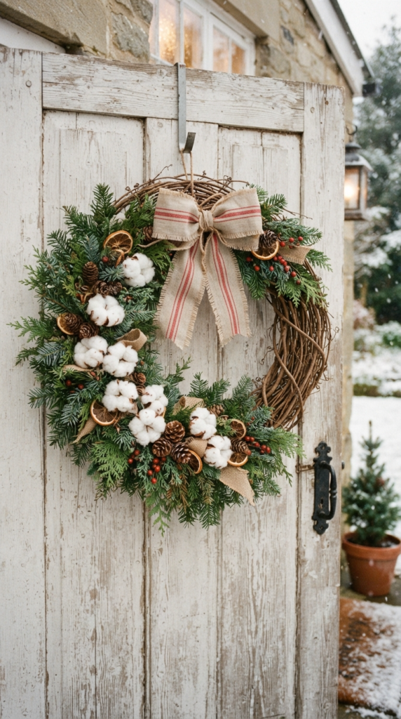 Foraged Evergreen and Cotton Stem Wreath