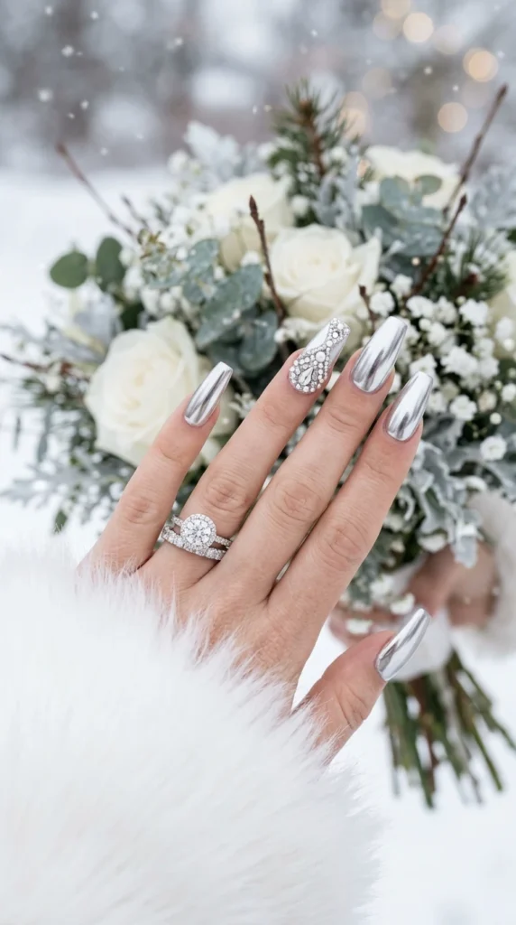 Magical Frosty Silver Bridal Nails