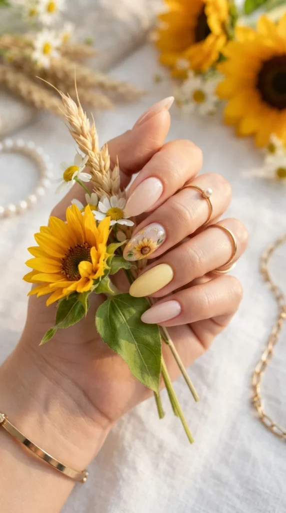 Simple Sunflower Accent Nails