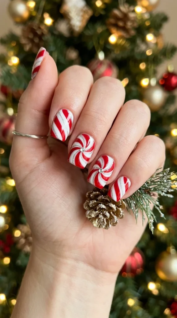 Peppermint Swirl Cute Christmas Nails