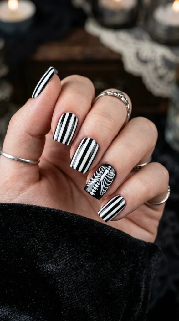 Skellington Striped Cute Halloween Nails