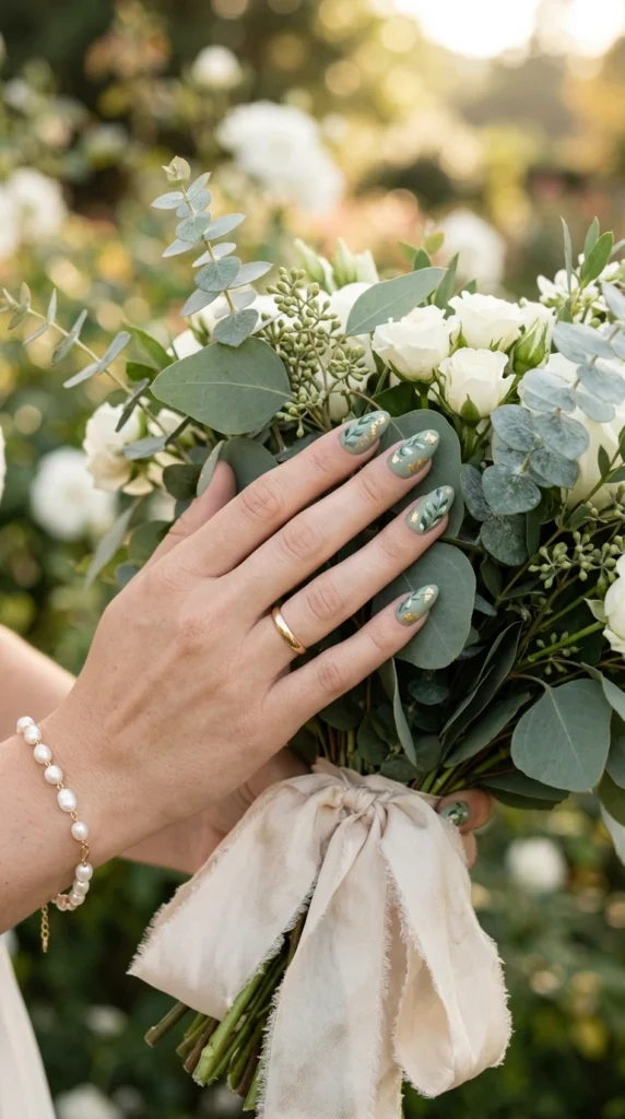 Soft Sage Green Bridal Nails
