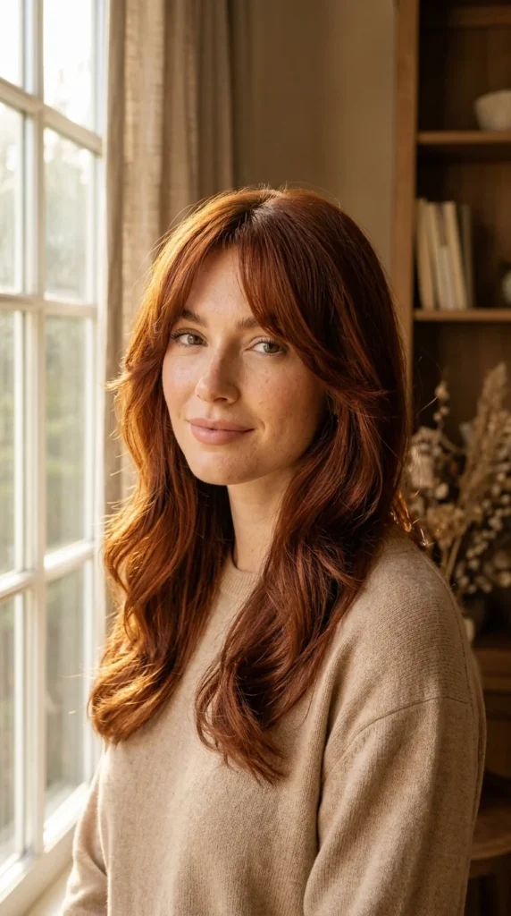 12. Auburn Curtain Bangs: Classic Framing Style & Color