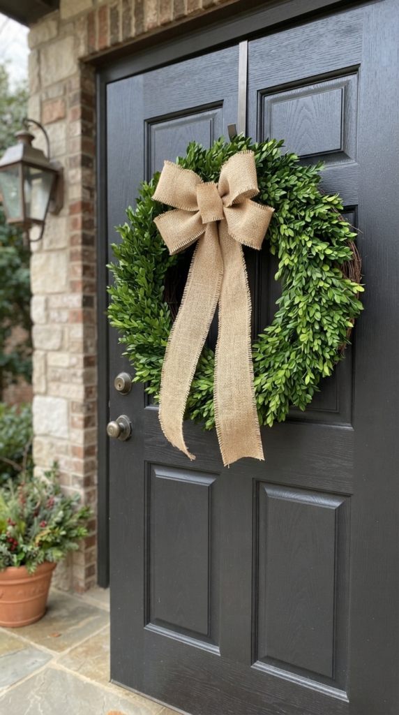 Boxwood and Burlap Ribbon Wreath