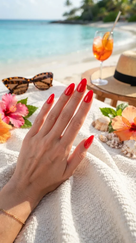 13. Bright Red Vacation Nails