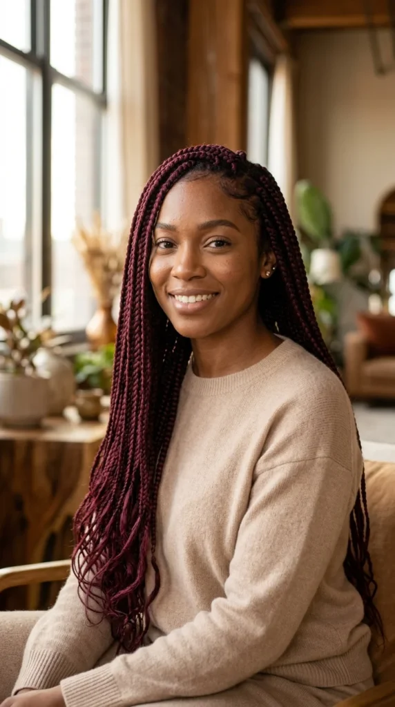 13. Deep Burgundy Braids: Protective Long Style & Color