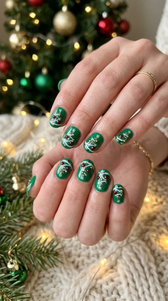 Retro Christmas Tree Holiday Nails