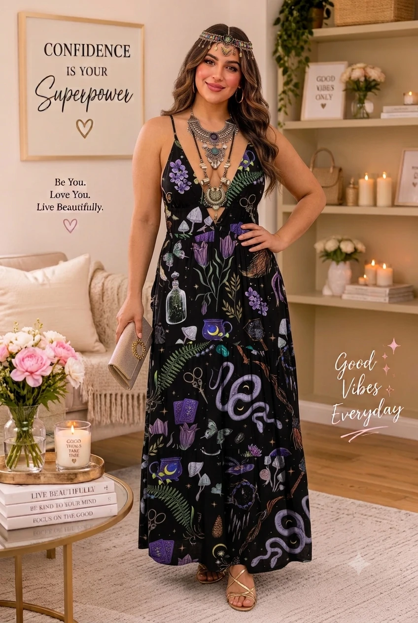 Womens Summer Sun Dresses Mystical Gothic Maxi Dress Casual Floral Witch Dress Date Dress Halloween Outfits