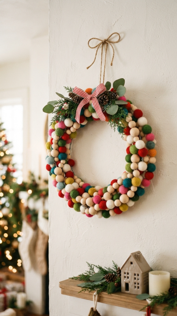 Felt Ball and Wooden Bead Holiday Wreath