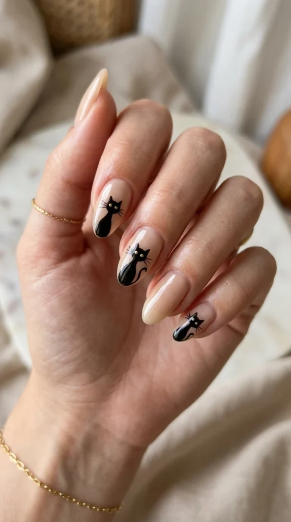 Black Cat Minimalist Halloween Nails