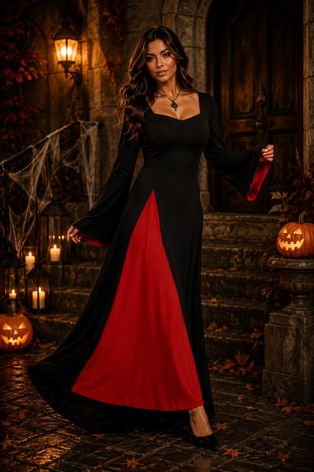 Halloween Gothic Maxi Dress Women, Vintage Long Sleeve Black Dress with Flared Sleeves for Vampire Witch Cosplay Party