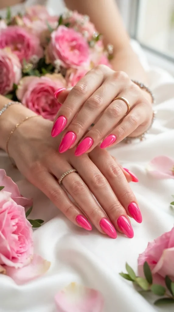 16. Hot Pink Glossy Nails