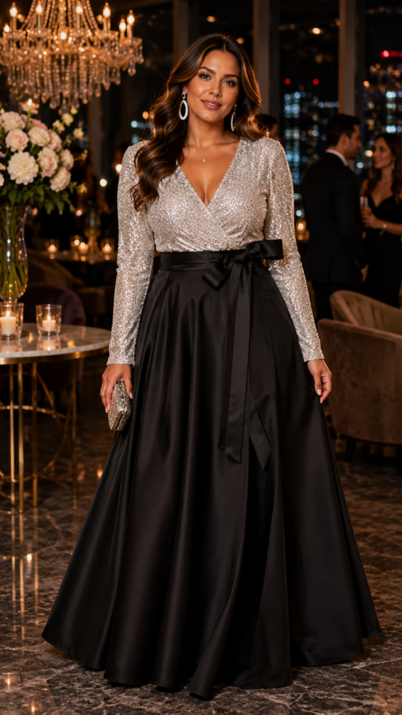 Xscape Sequin Long Sleeve Bodice and Satin Skirt Dress