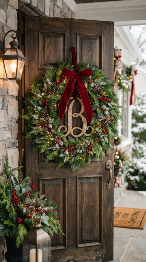 Monogrammed Velvet and Greenery Wreath
