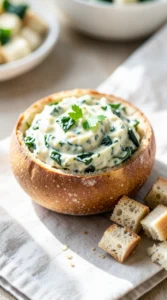 Creamy Garlic Spinach Dip in a Bread Bowl