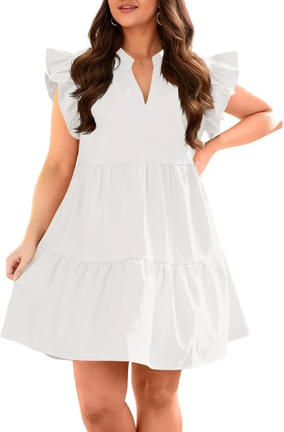 Fisoew Plus Size Dresses for Women Summer Ruffle Short Sleeve V Neck Dress 