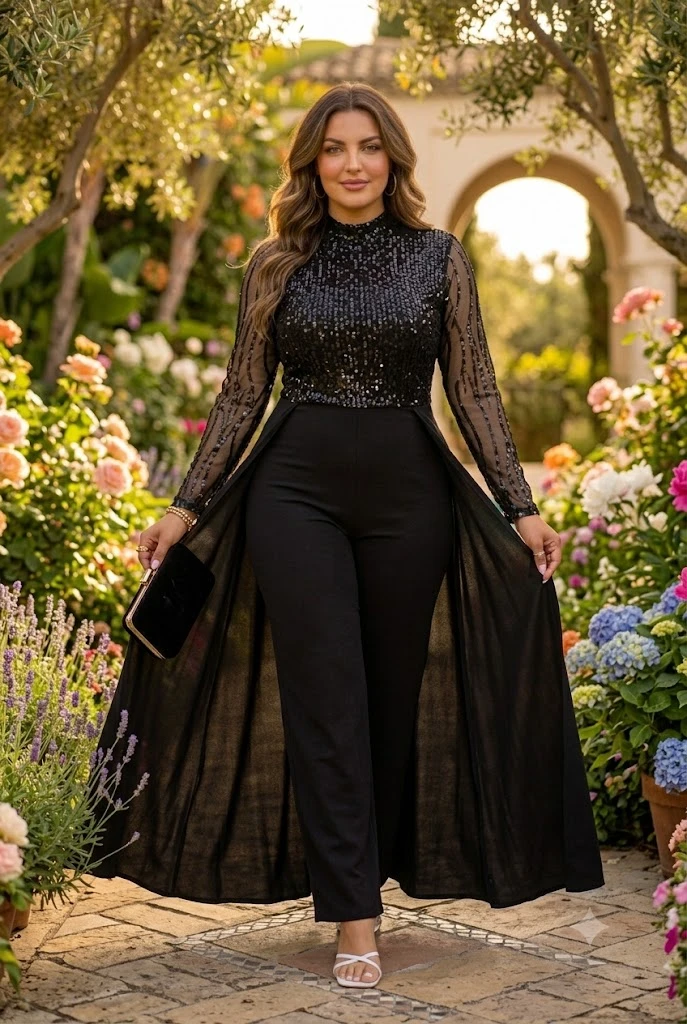 VERWIN Plus Size Sequin Patchwork Jumpsuit