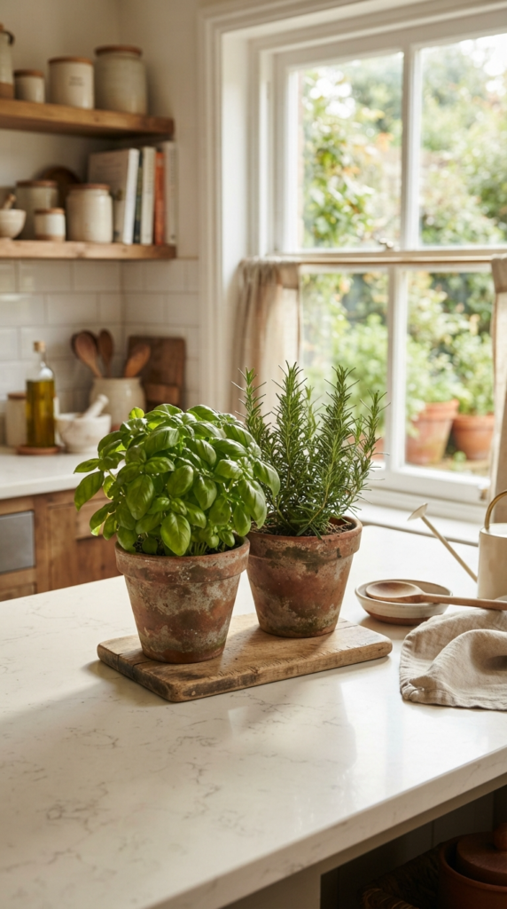 Potted Fresh Herbs in Terracotta Pots