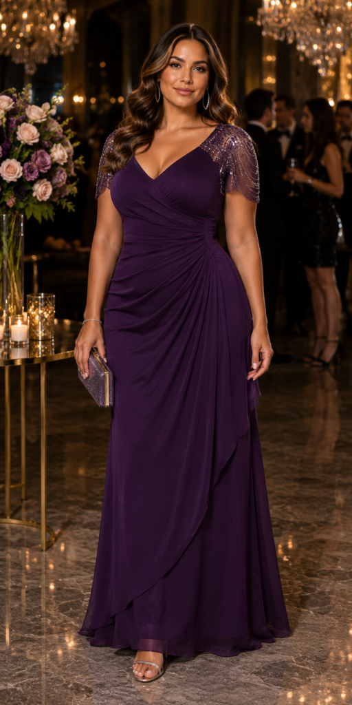 Xscape Jersey Knit Evening Gown with Beaded Flutter Sleeves