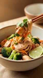 Peanut Butter Tofu & Broccoli Noodle Bowls