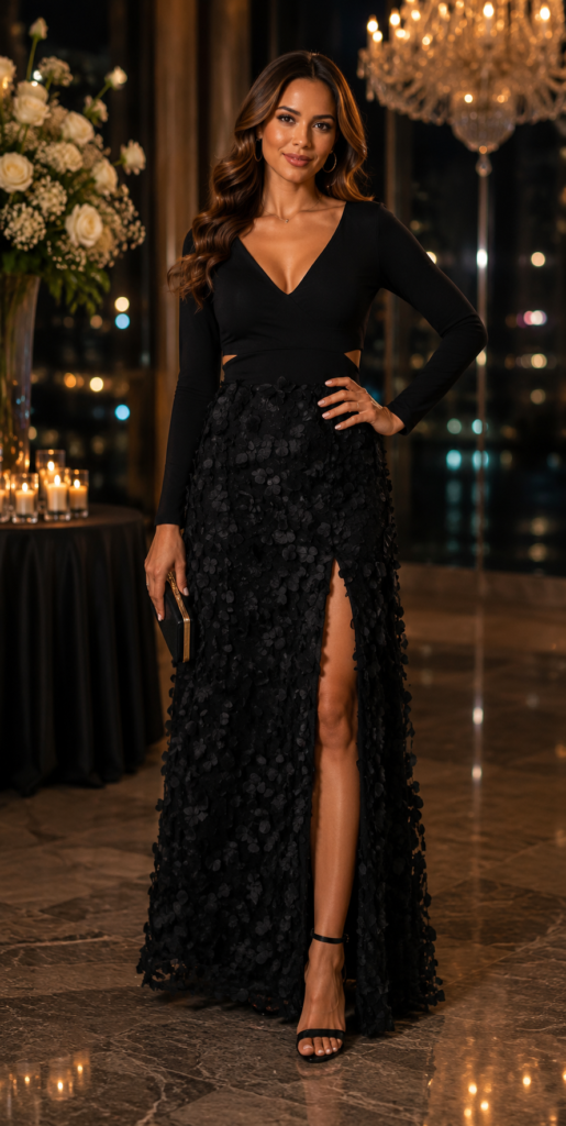 Xscape Long Sleeve V-Neck Gown with Floral Applique