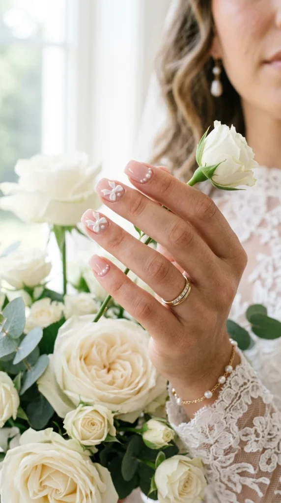 Pearl Bow Cute Wedding Nails