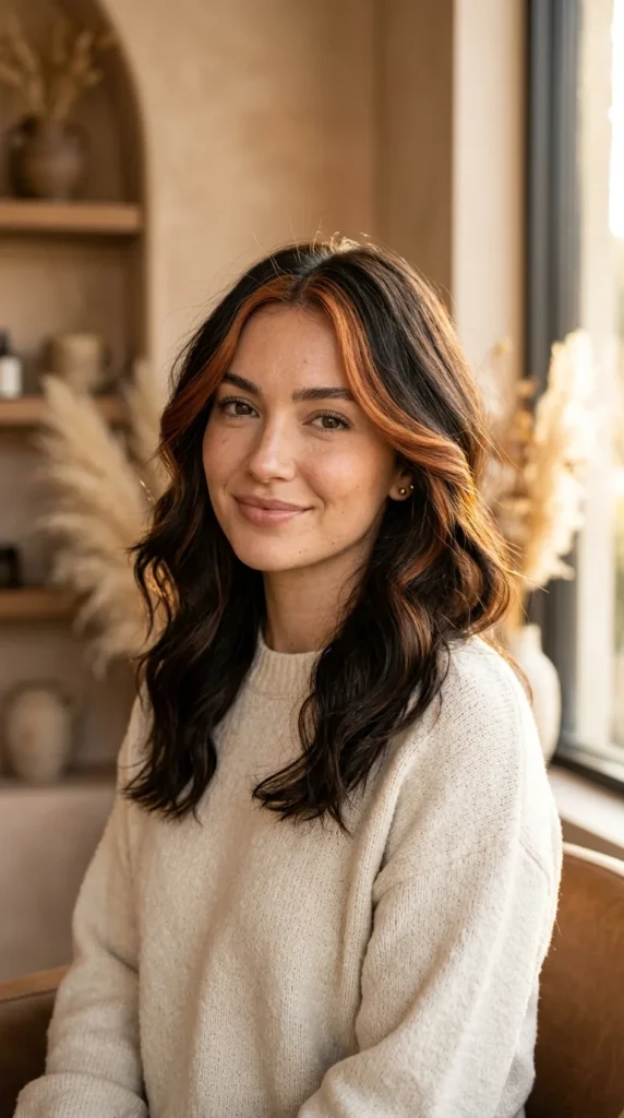 22. Copper Money Piece Dark Hair: Framing Pop Style & Color