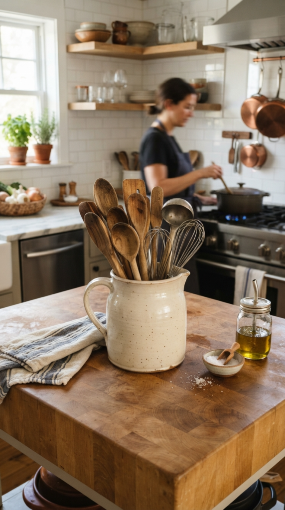 A Ceramic Pitcher with Wooden Spoons