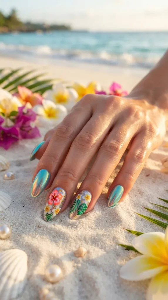 23. Tropical Flower Chrome Nails