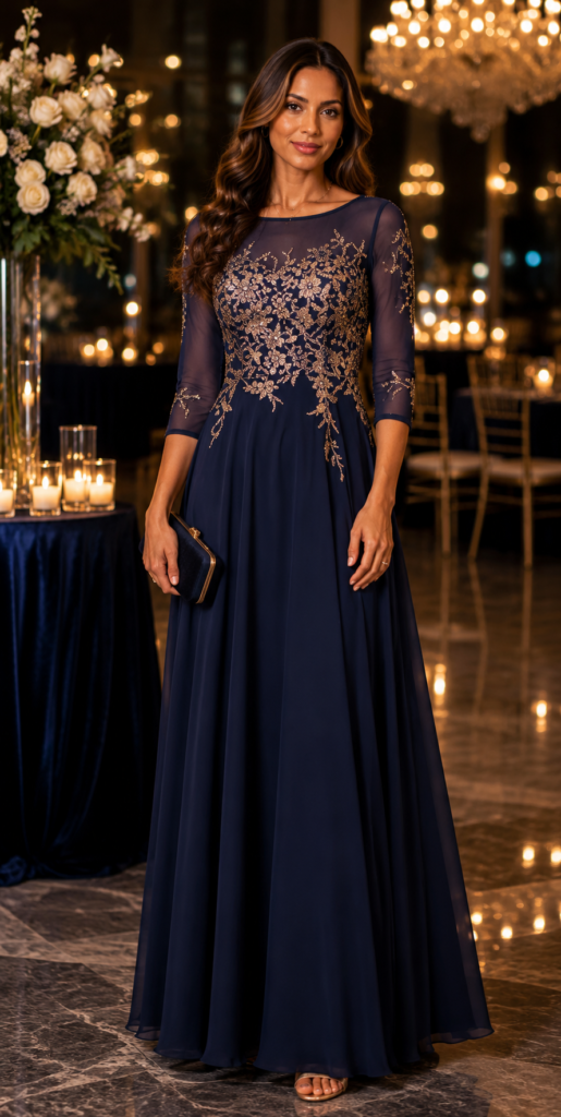 Betsy & Adam Long Chiffon A-Line Evening Gown