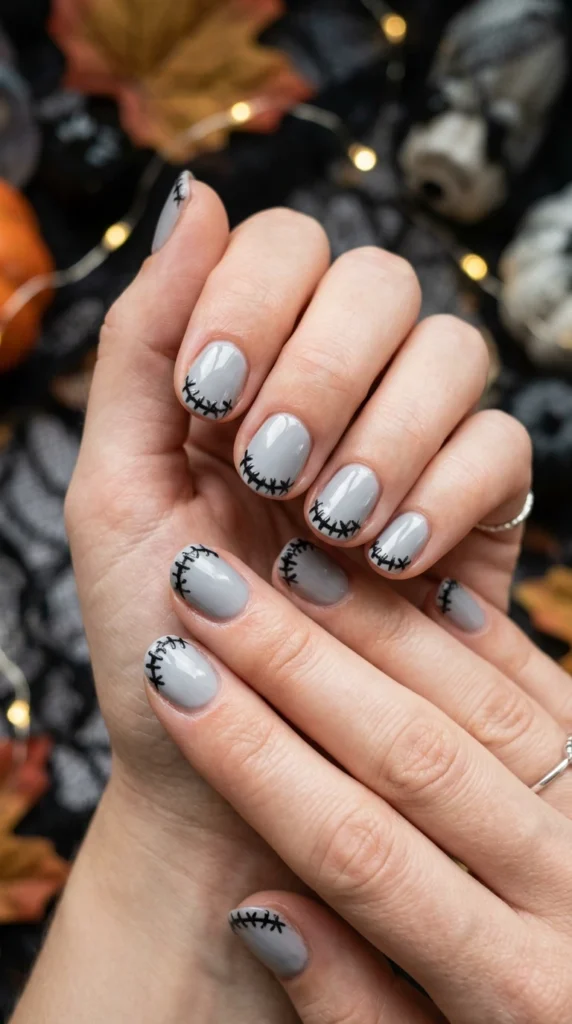 Zombie Stitched Cute Halloween Nails