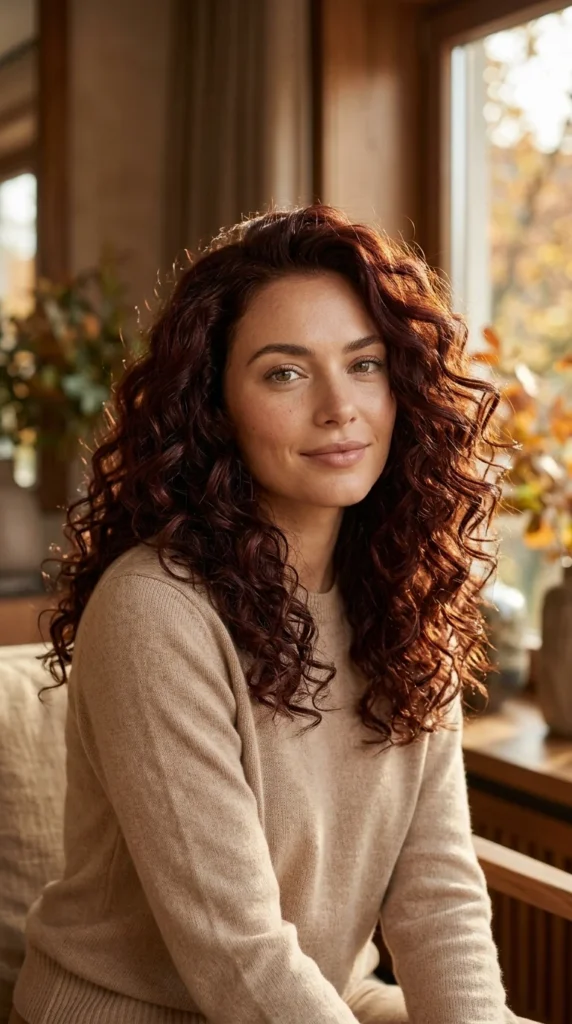 24. Dark Mahogany Curls: Deep Luxurious Red Style & Color