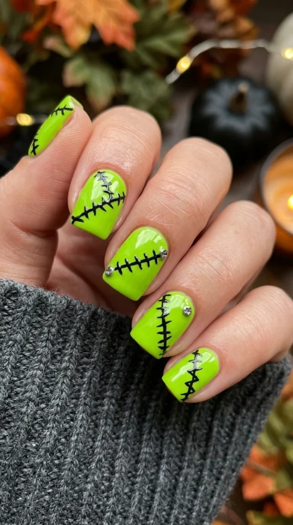 Frankenstein Stitch Spooky Nails