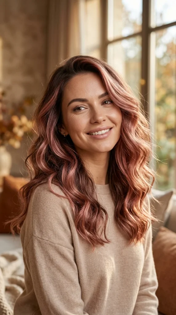 28. Rose Gold Highlight Waves: Metallic Pink Style & Color