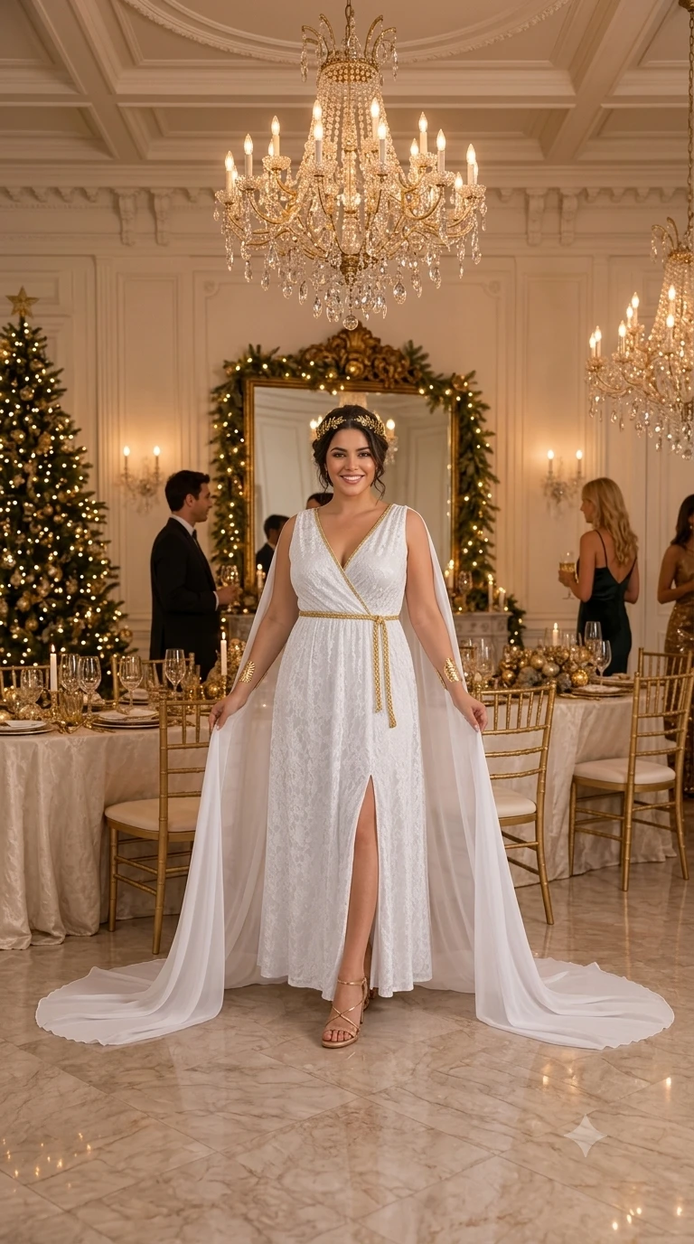 Greek Goddess Costume for Women, White Toga Dress with Cape & Gold Set