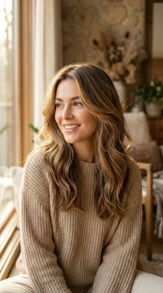 30. Soft Caramel Shag: Lived In Balayage Style & Color