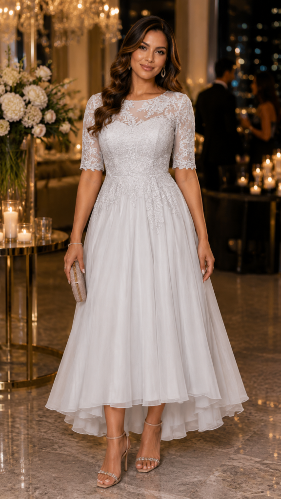 DMCDBH Chiffon Lace Applique Tea Length Dress