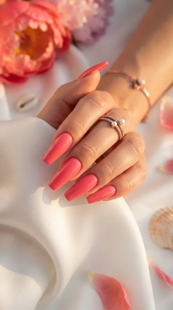 4. Coral Pink Coffin Nails