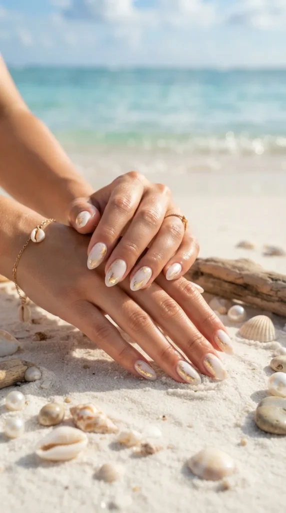 5. White Beach Nails with Gold Foil