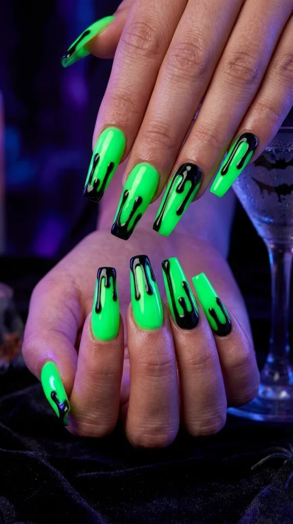 Neon Green Slime Halloween Manicure