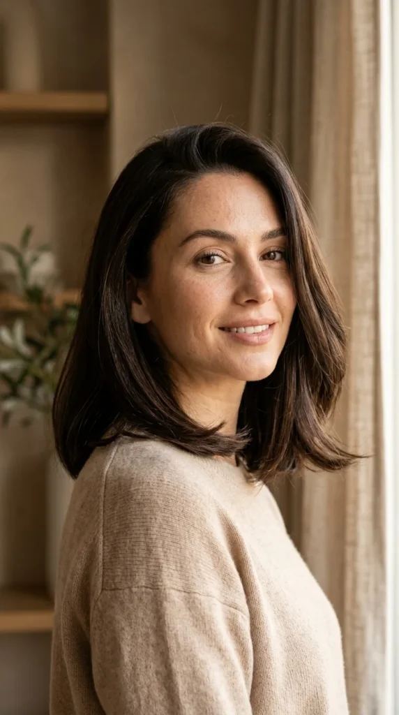 6. Rich Espresso Lob: Sleek Medium Length Style & Color