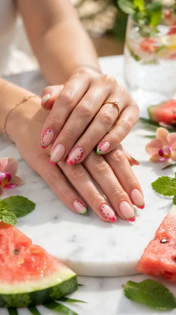6. Watermelon Pink and Green Tips