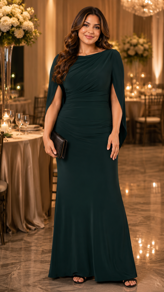 Betsy & Adam Long Stretchy 3/4 Sleeve Cowl Neck Gown