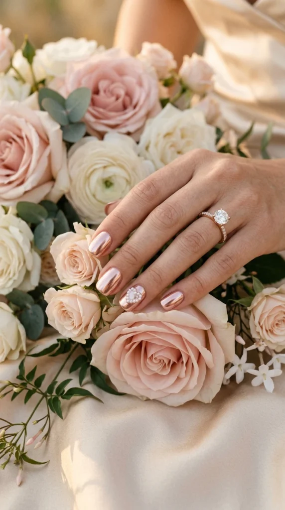 Rose Gold Chrome Bridal Nails