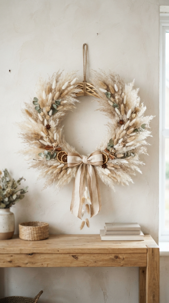 Asymmetric Pampas Grass and Feather Wreath