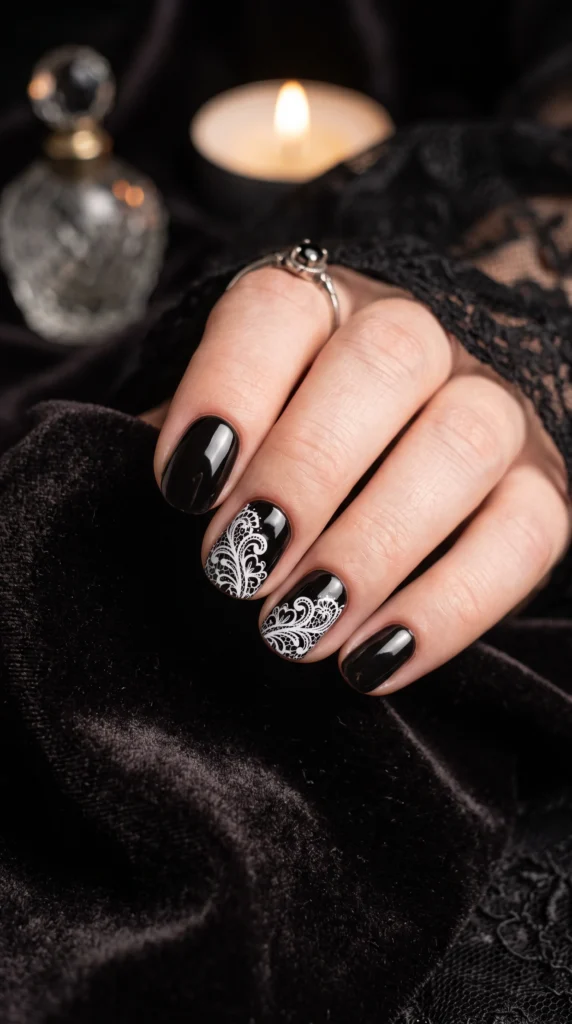 Gothic Black Lace Halloween Nails