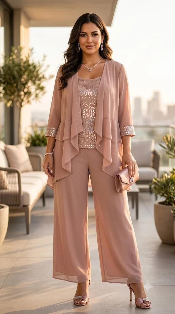 Plus Size 3 Piece Pantsuit Sequin Mother of The Bride Groom Sets Wedding Cocktail Outfits with Chiffon Jacket