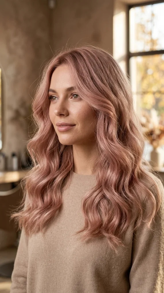 8. Dusty Rose Blonde Waves: Trendy Autumn Pastel Style & Color