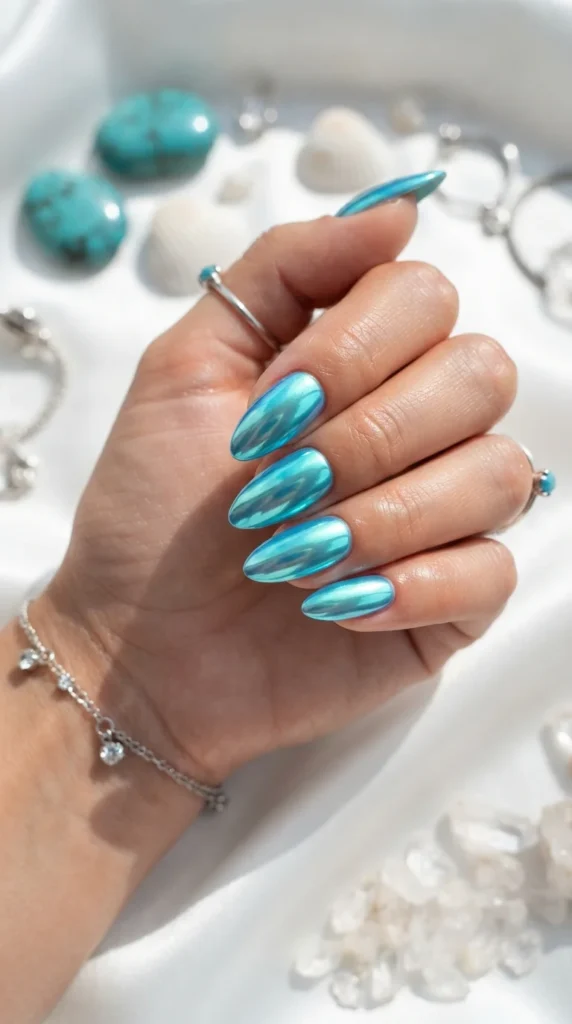 9. Turquoise Chrome Nails